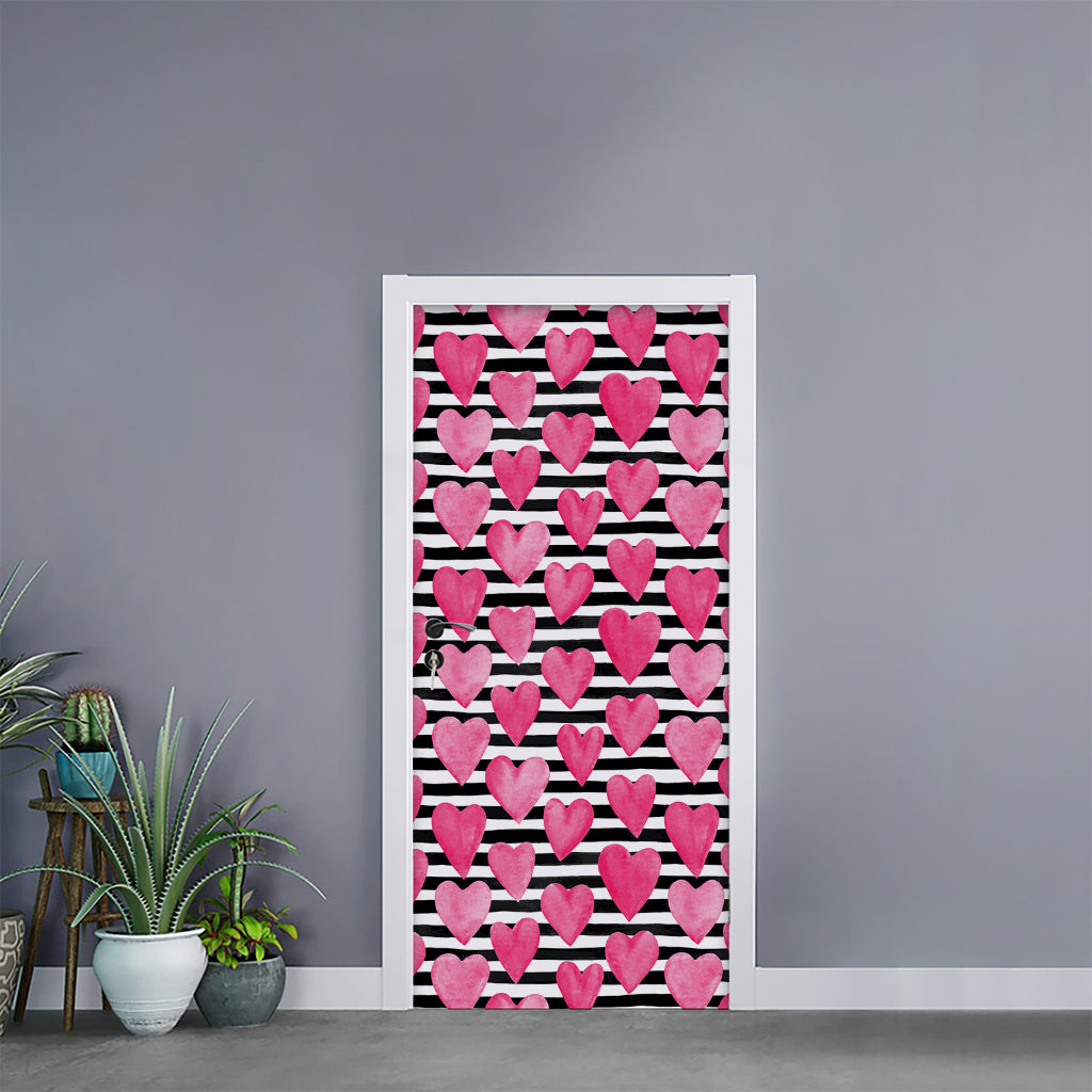 Black And White Striped Heart Print Door Sticker