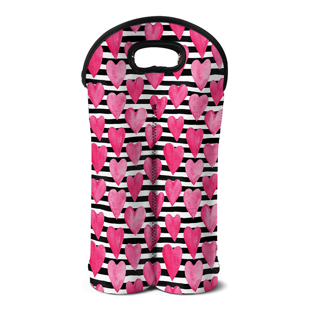 Black And White Striped Heart Print Double Neoprene Wine Tote