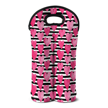Black And White Striped Heart Print Double Neoprene Wine Tote