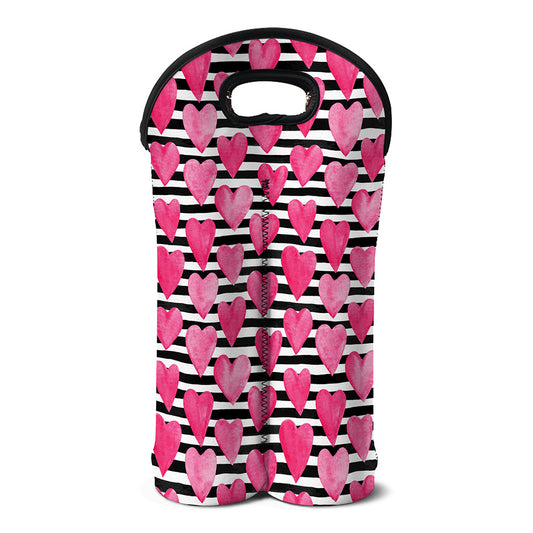 Black And White Striped Heart Print Double Neoprene Wine Tote