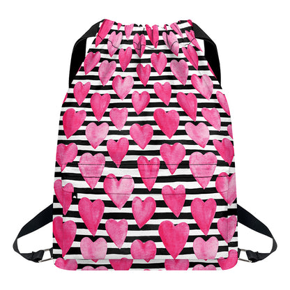 Black And White Striped Heart Print Drawstring Backpack