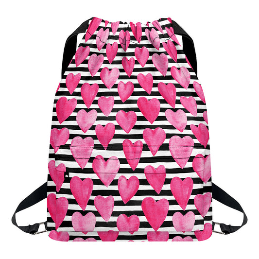 Black And White Striped Heart Print Drawstring Backpack