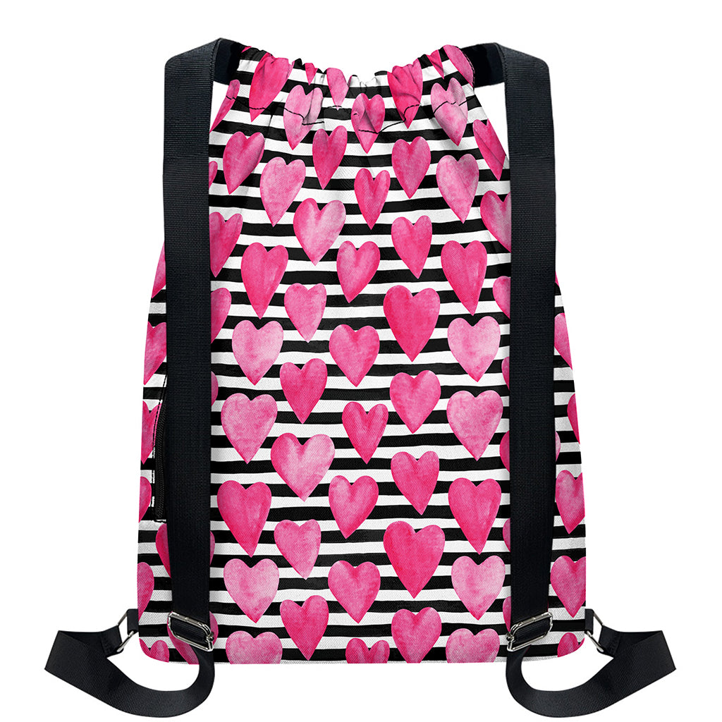 Black And White Striped Heart Print Drawstring Backpack