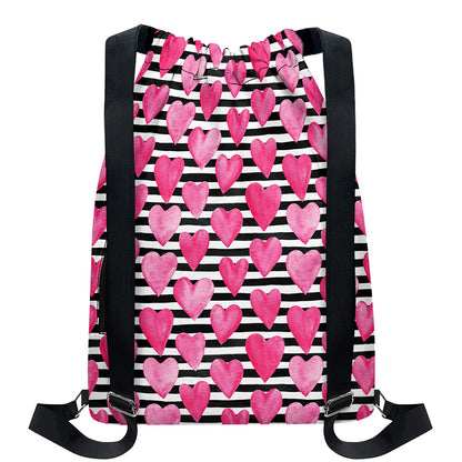 Black And White Striped Heart Print Drawstring Backpack