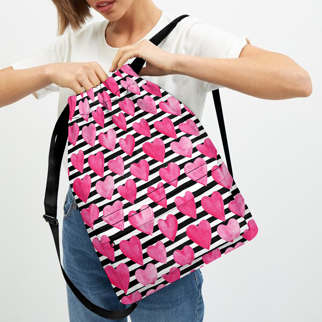 Black And White Striped Heart Print Drawstring Backpack