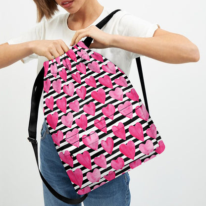 Black And White Striped Heart Print Drawstring Backpack