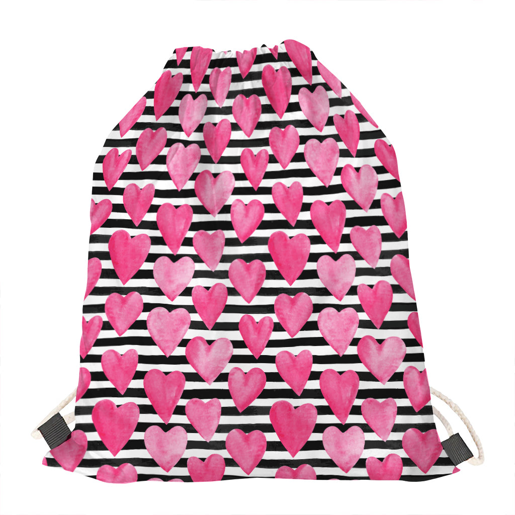 Black And White Striped Heart Print Drawstring Bag