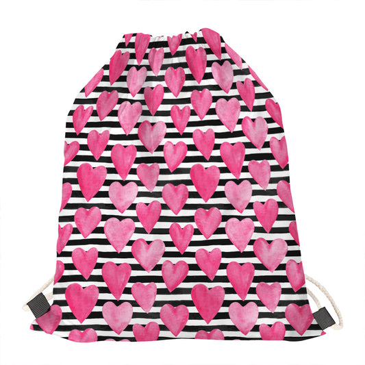Black And White Striped Heart Print Drawstring Bag