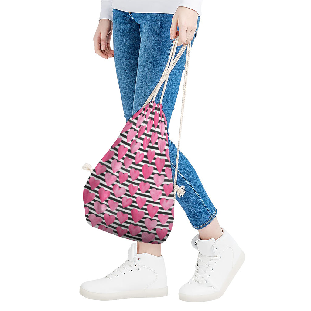 Black And White Striped Heart Print Drawstring Bag