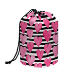 Black And White Striped Heart Print Drawstring Makeup Bag