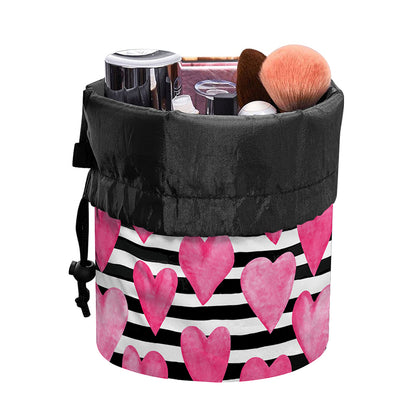 Black And White Striped Heart Print Drawstring Makeup Bag