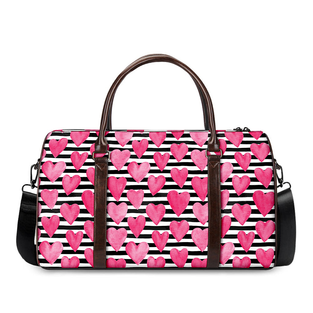 Black And White Striped Heart Print Duffle Bag