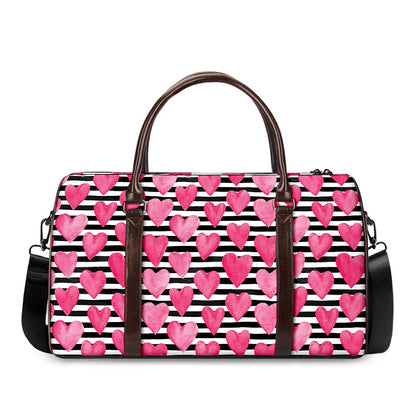 Black And White Striped Heart Print Duffle Bag