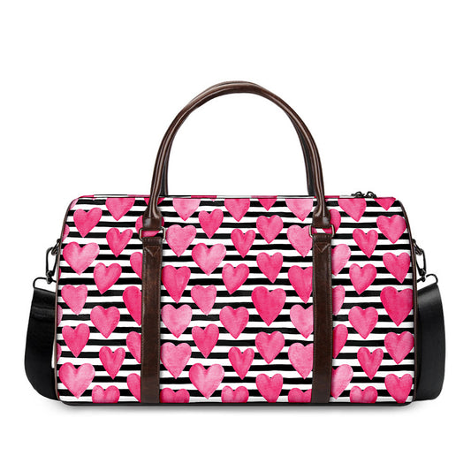 Black And White Striped Heart Print Duffle Bag
