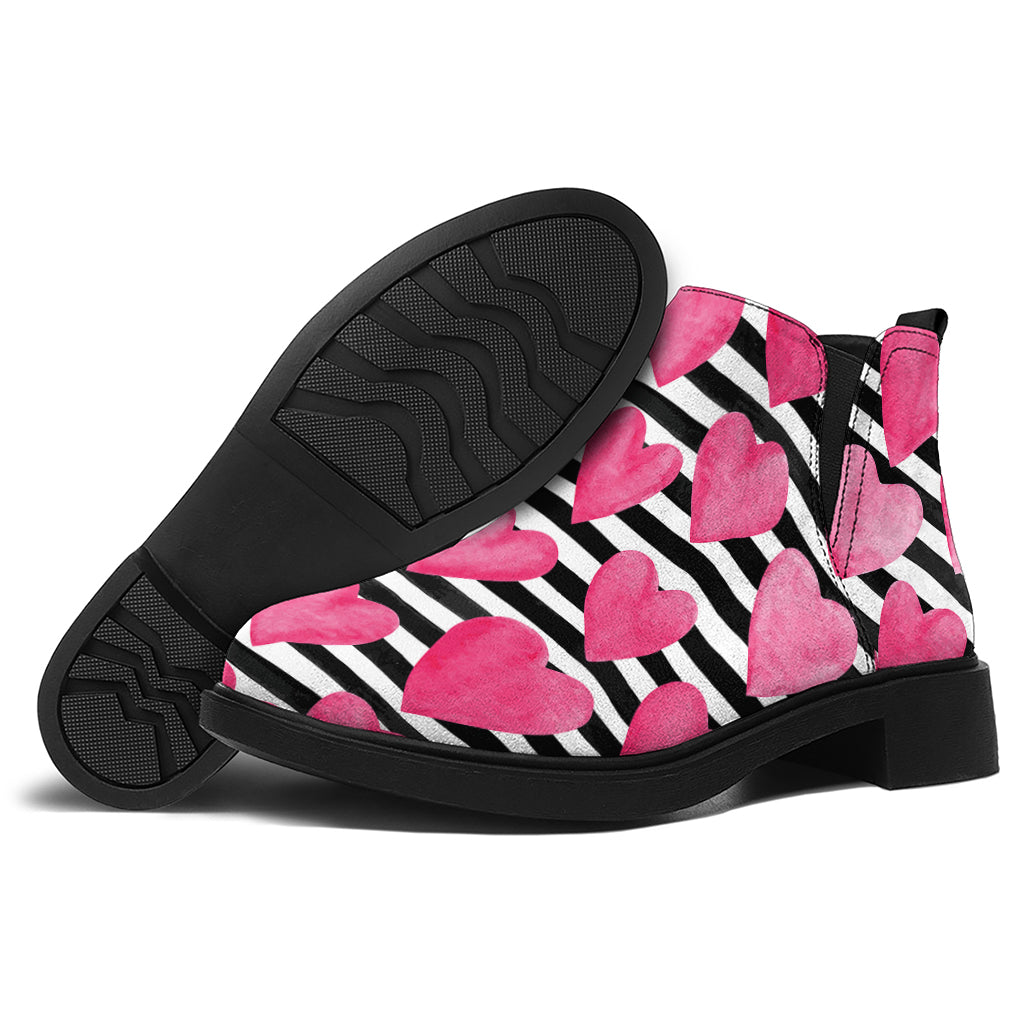 Black And White Striped Heart Print Flat Ankle Boots