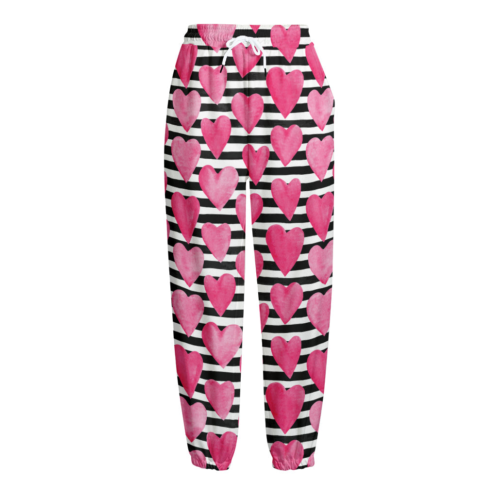 Black And White Striped Heart Print Fleece Lined Knit Pants