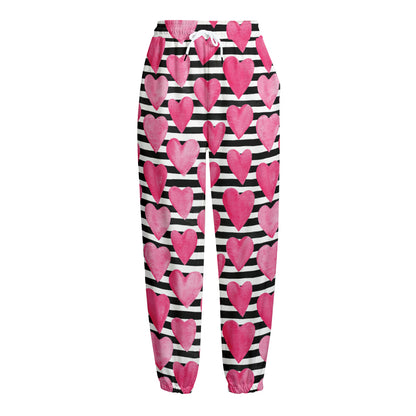 Black And White Striped Heart Print Fleece Lined Knit Pants