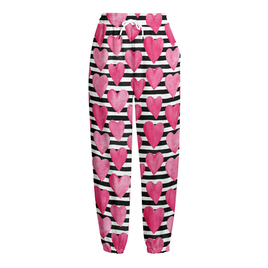 Black And White Striped Heart Print Fleece Lined Knit Pants