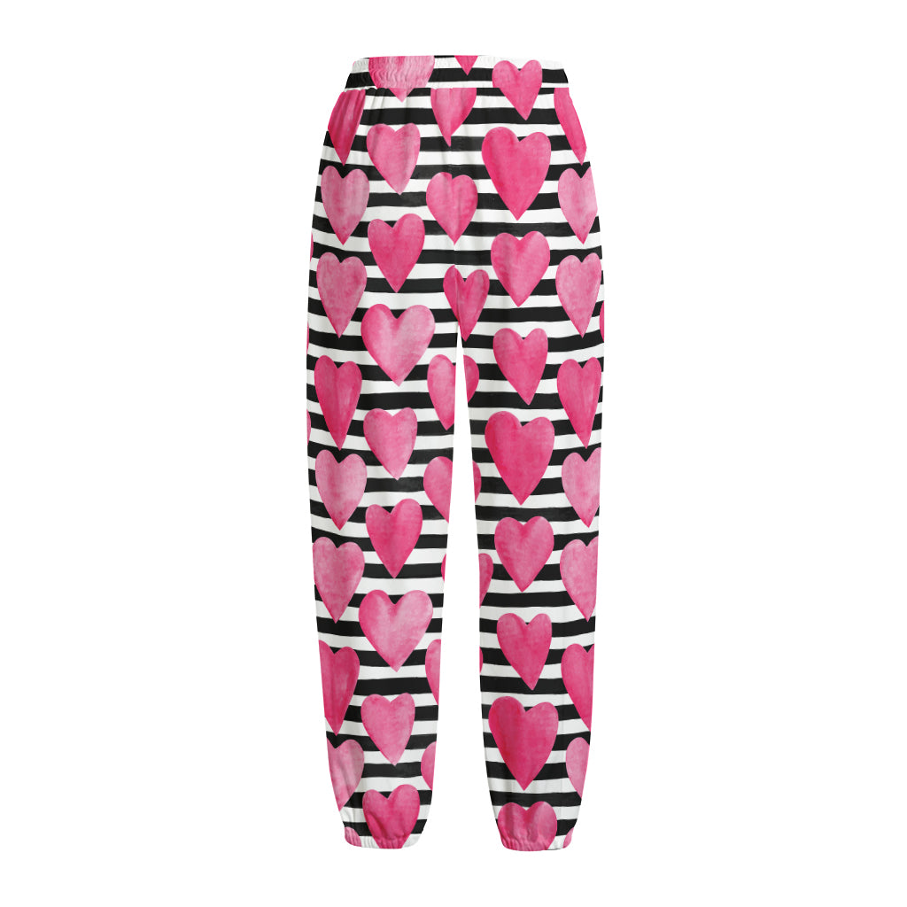Black And White Striped Heart Print Fleece Lined Knit Pants