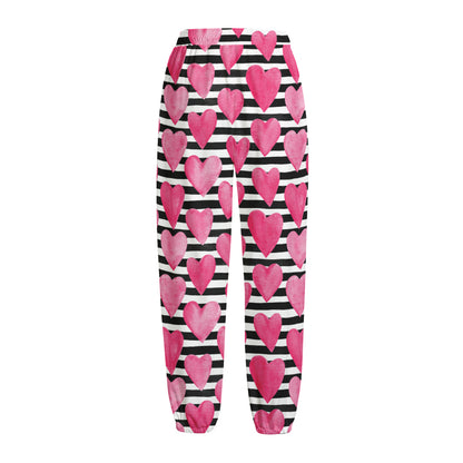 Black And White Striped Heart Print Fleece Lined Knit Pants
