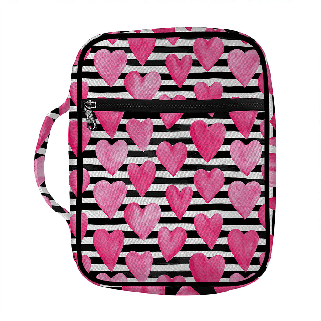 Black And White Striped Heart Print Front Pocket Bible Bag