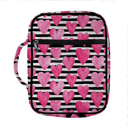 Black And White Striped Heart Print Front Pocket Bible Bag
