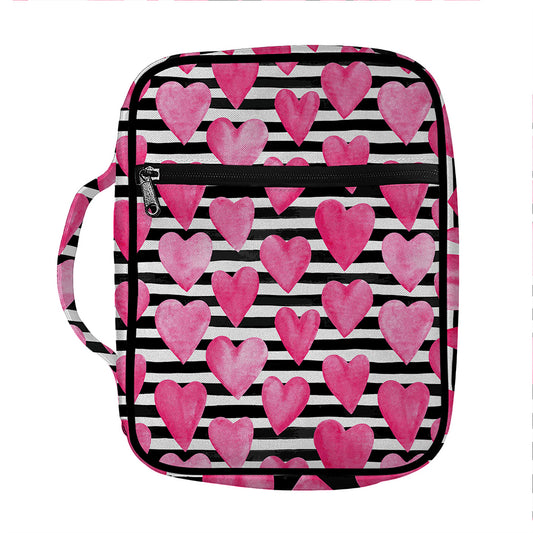 Black And White Striped Heart Print Front Pocket Bible Bag