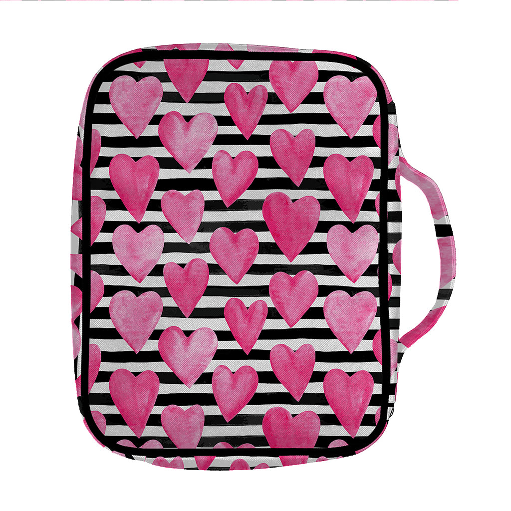Black And White Striped Heart Print Front Pocket Bible Bag