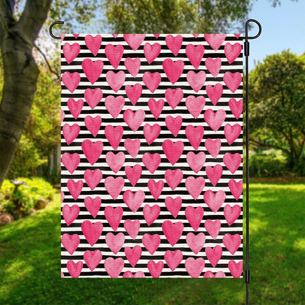 Black And White Striped Heart Print Garden Flag
