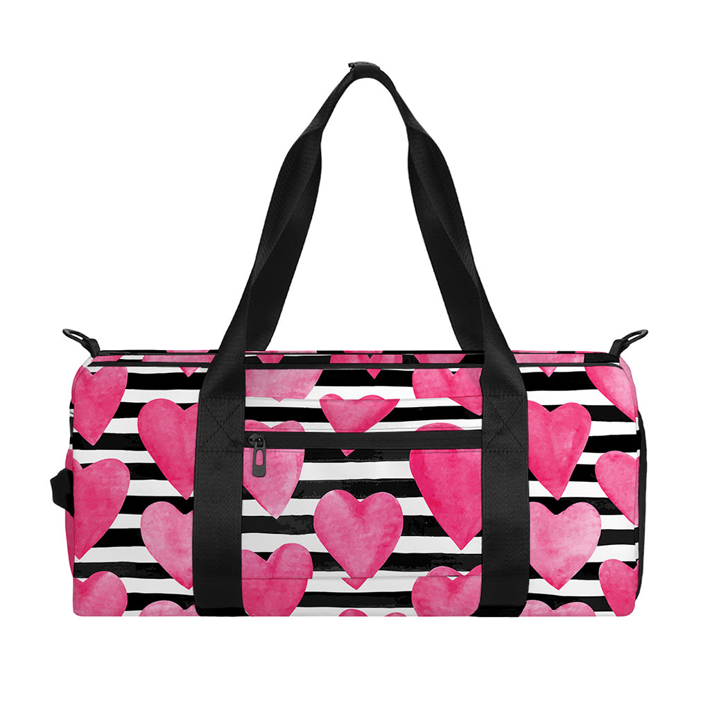 Black And White Striped Heart Print Gym Bag