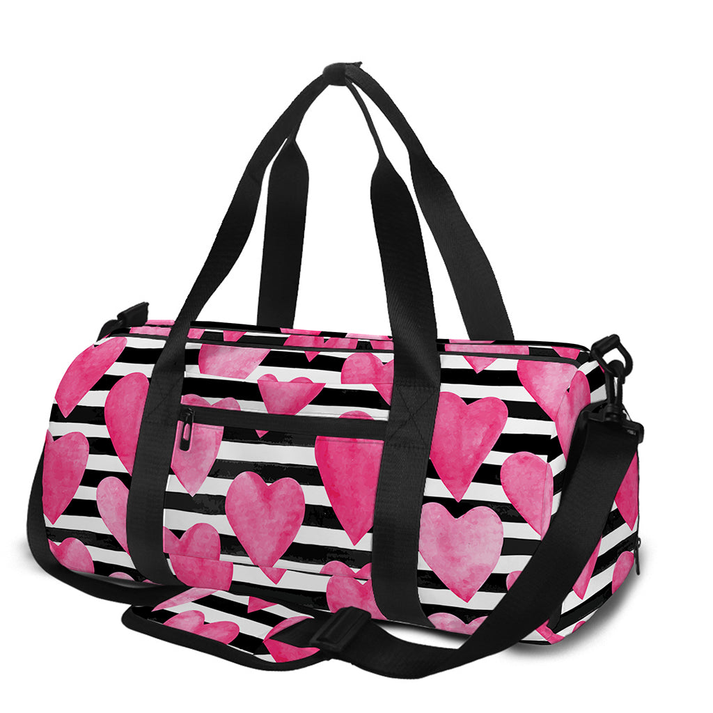 Black And White Striped Heart Print Gym Bag