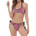 Black And White Striped Heart Print Halter Scoop Tie Side Bikini