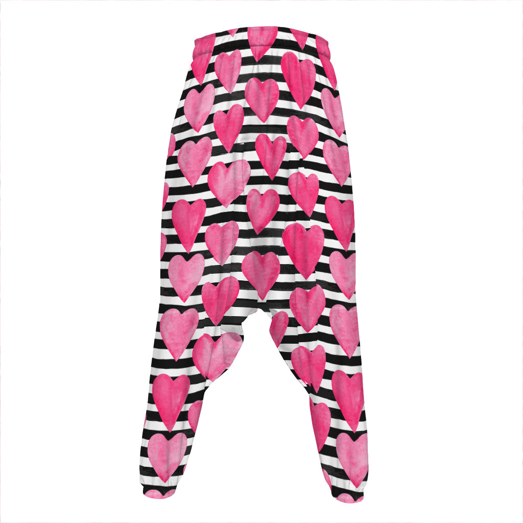 Black And White Striped Heart Print Hammer Pants