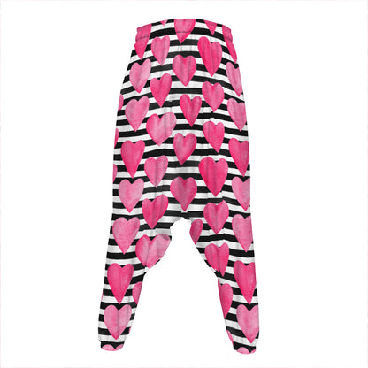 Black And White Striped Heart Print Hammer Pants