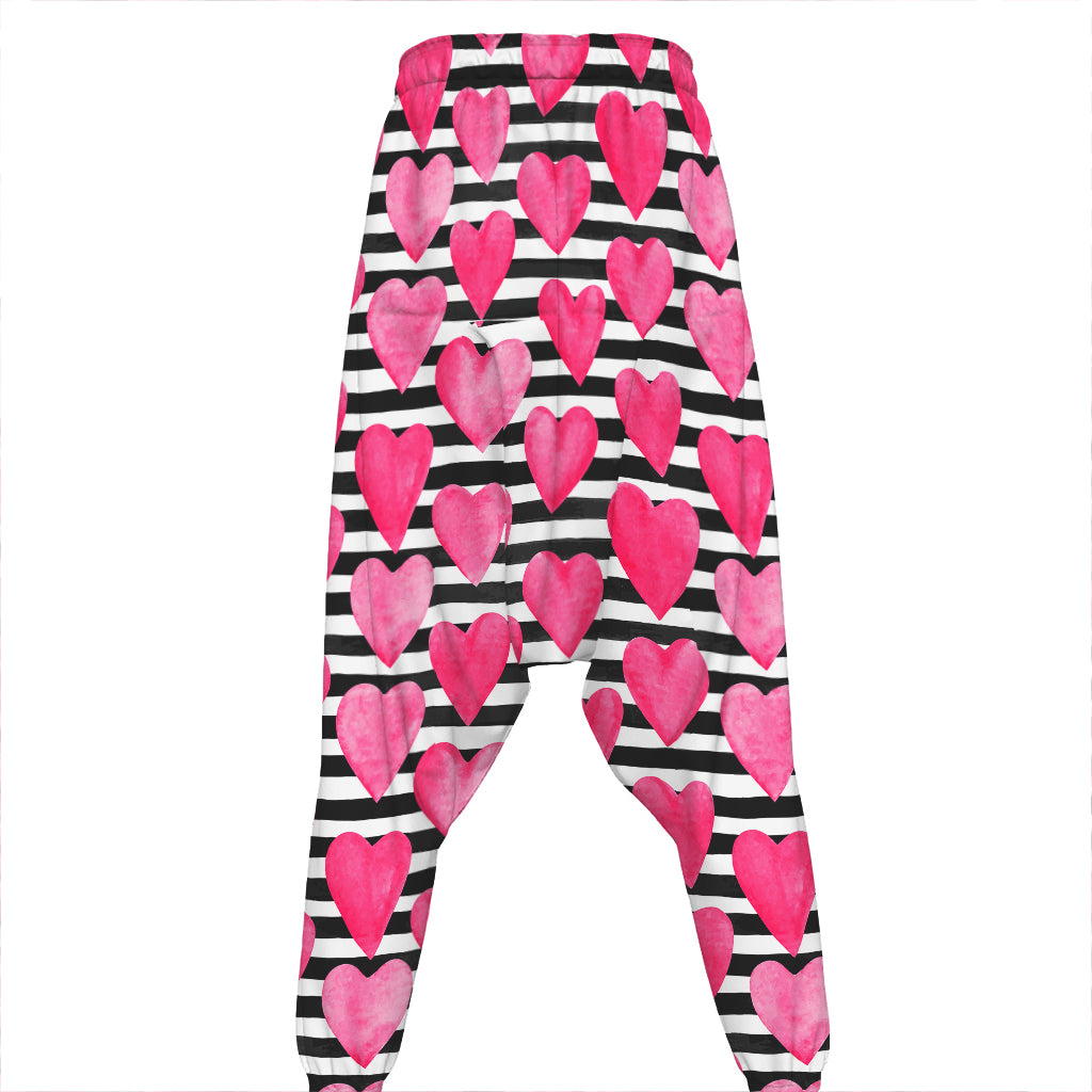 Black And White Striped Heart Print Hammer Pants