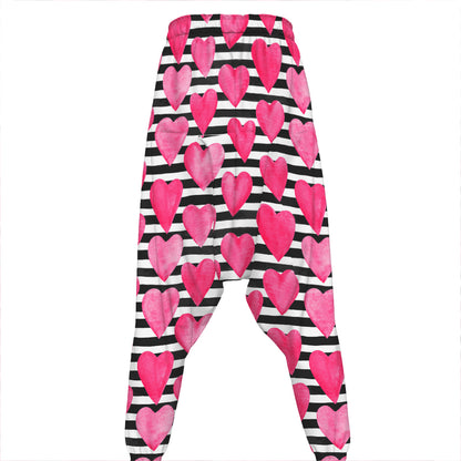 Black And White Striped Heart Print Hammer Pants