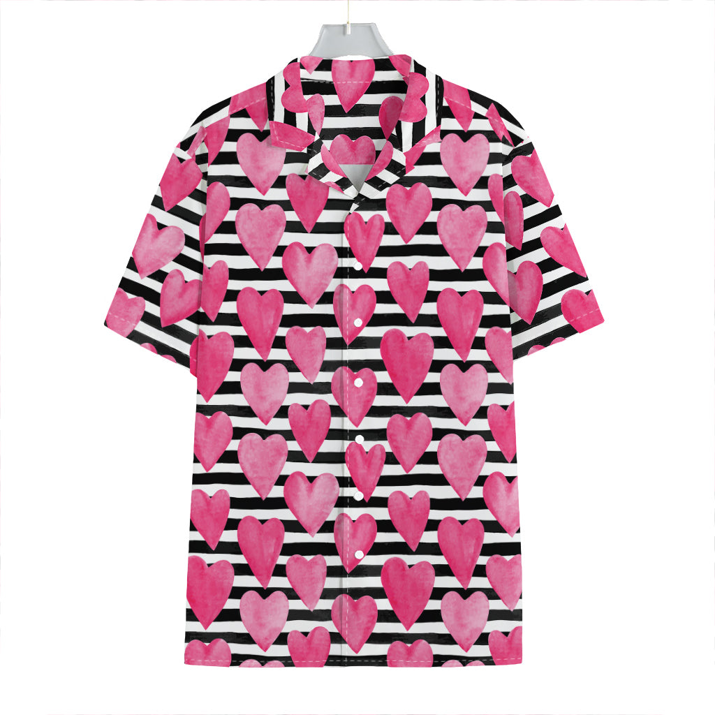Black And White Striped Heart Print Hawaiian Shirt