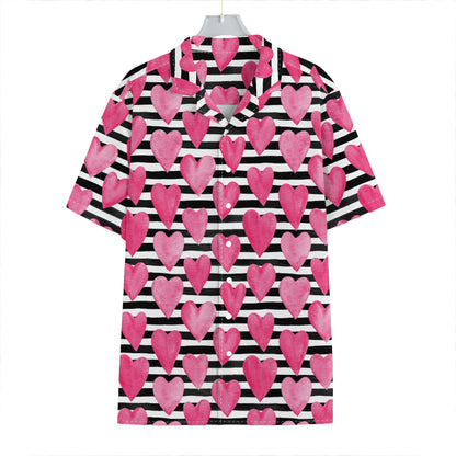 Black And White Striped Heart Print Hawaiian Shirt