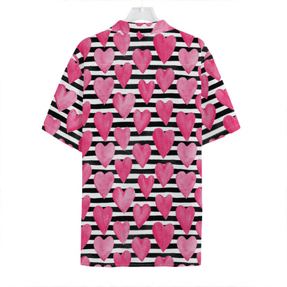 Black And White Striped Heart Print Hawaiian Shirt