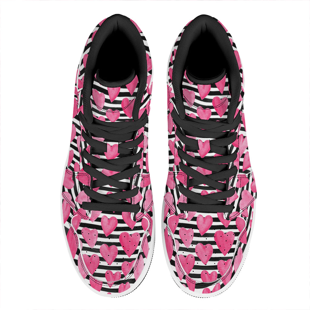Black And White Striped Heart Print High Top Leather Sneakers
