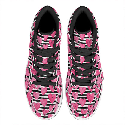 Black And White Striped Heart Print High Top Leather Sneakers