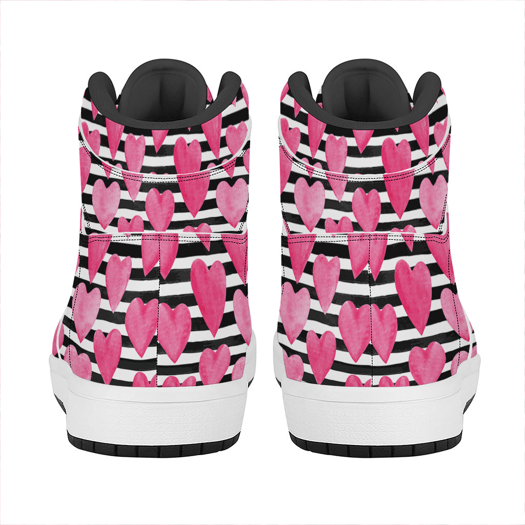Black And White Striped Heart Print High Top Leather Sneakers