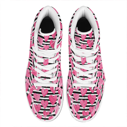 Black And White Striped Heart Print High Top Leather Sneakers