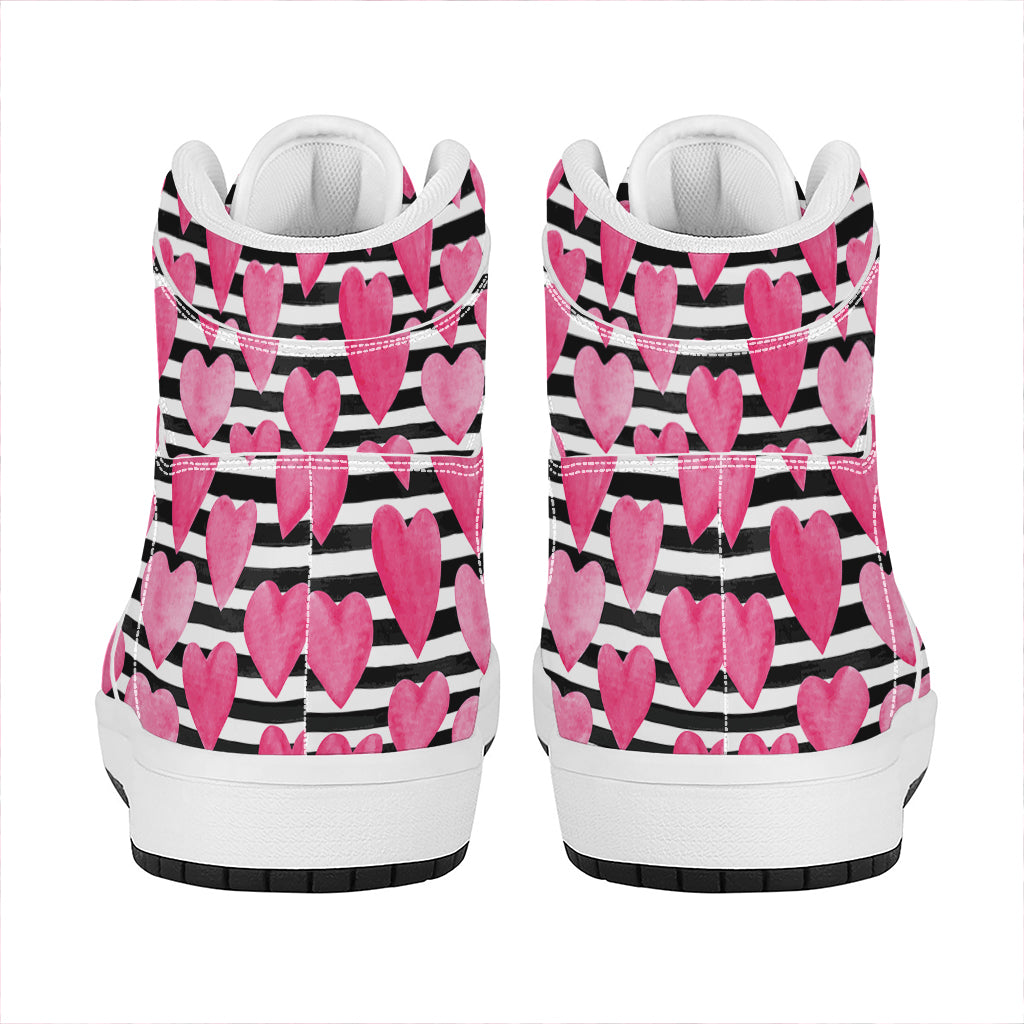 Black And White Striped Heart Print High Top Leather Sneakers