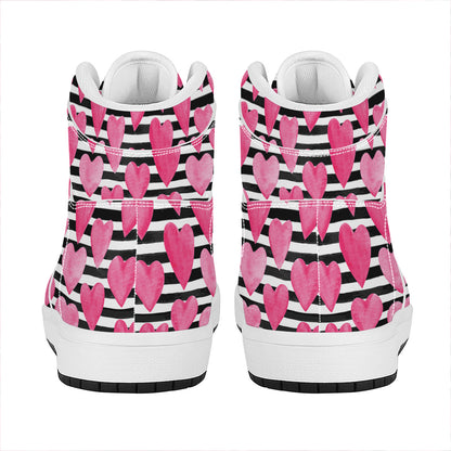 Black And White Striped Heart Print High Top Leather Sneakers