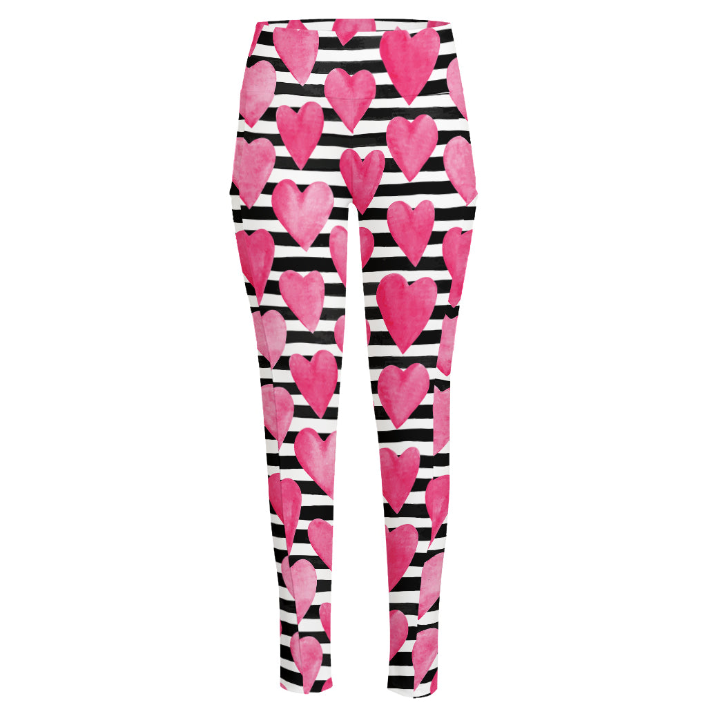 Black And White Striped Heart Print High-Waisted Pocket Leggings