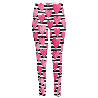 Black And White Striped Heart Print High-Waisted Pocket Leggings