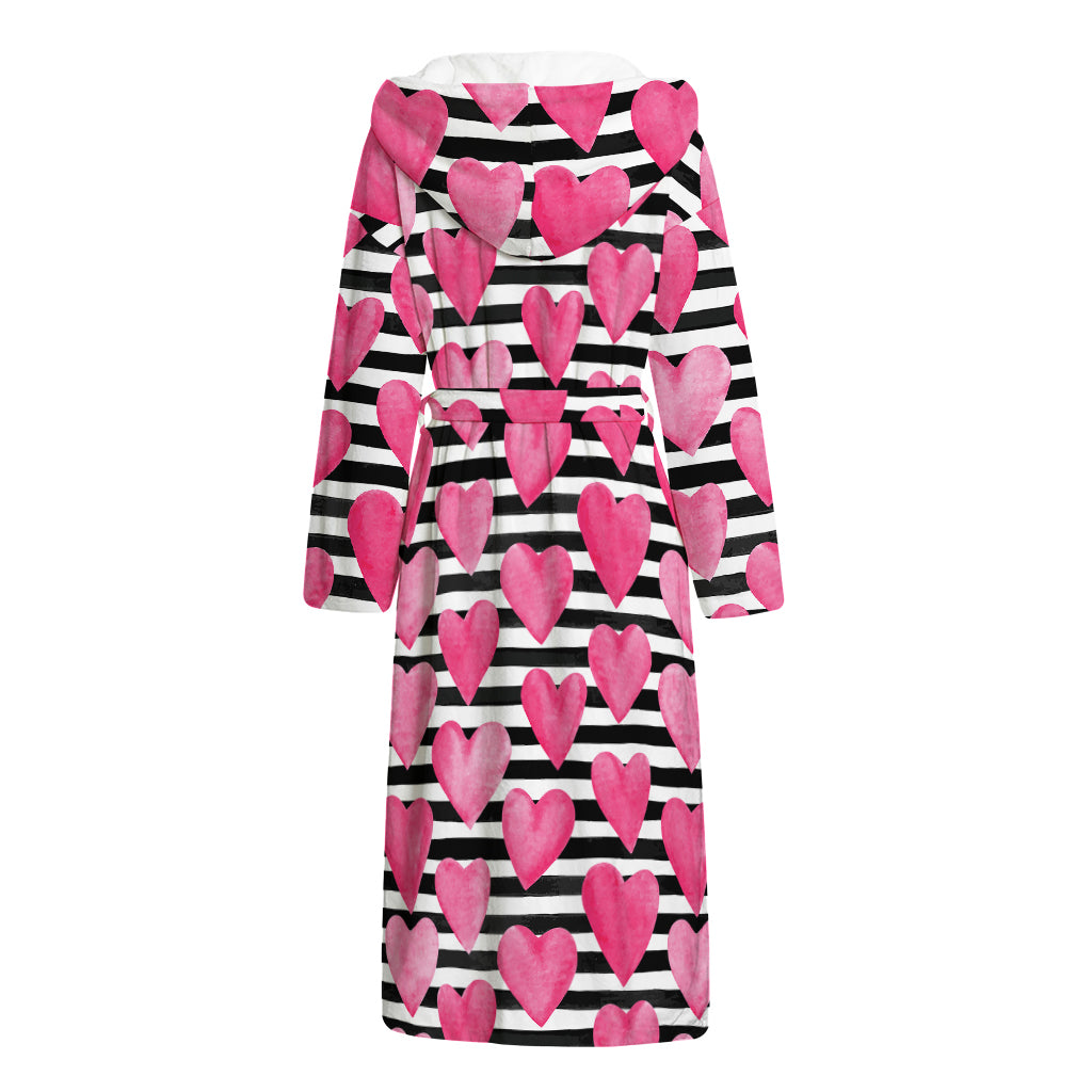 Black And White Striped Heart Print Hooded Bathrobe