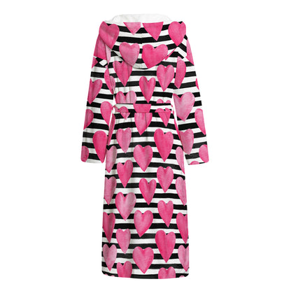 Black And White Striped Heart Print Hooded Bathrobe