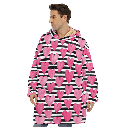 Black And White Striped Heart Print Hoodie Blanket